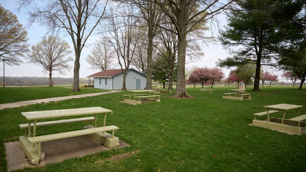 Image of picnic tables in side the Far West Temple Site.