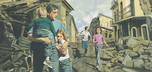 family walking through ruins