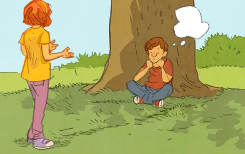 Mandy sees Matt sitting under tree, looking discouraged