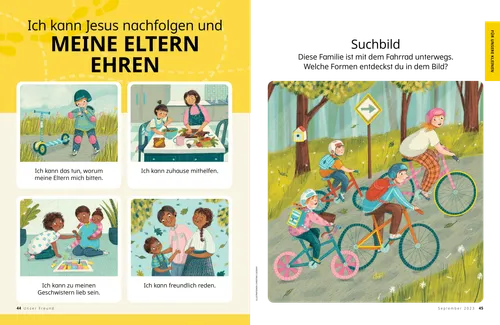 PDF: Ein Kind mit Helm und Roller; ein Mädchen hilft bei der Zubereitung einer Mahlzeit; Kinder spielen gemeinsam ein Brettspiel; ein Junge und seine Eltern gehen spazieren; ein Bild von einer Familie auf Fahrradtour, in dem man nach verschiedenen Formen suchen kann