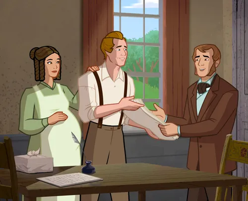 Joseph and Emma Smith standing inside their home with Martin Harris. Joseph and Martin are holding pages of a manuscript.