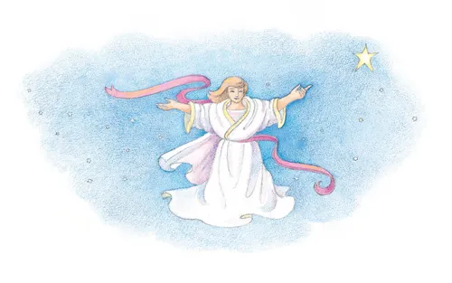 A watercolor illustration of an angel in a white robe standing among the stars in the sky.