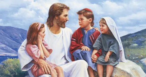 Jesus Christ sitting with three young children