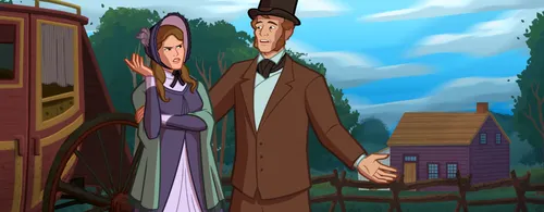 Martin and Lucy Harris arguing in front of their horse-drawn carriage.