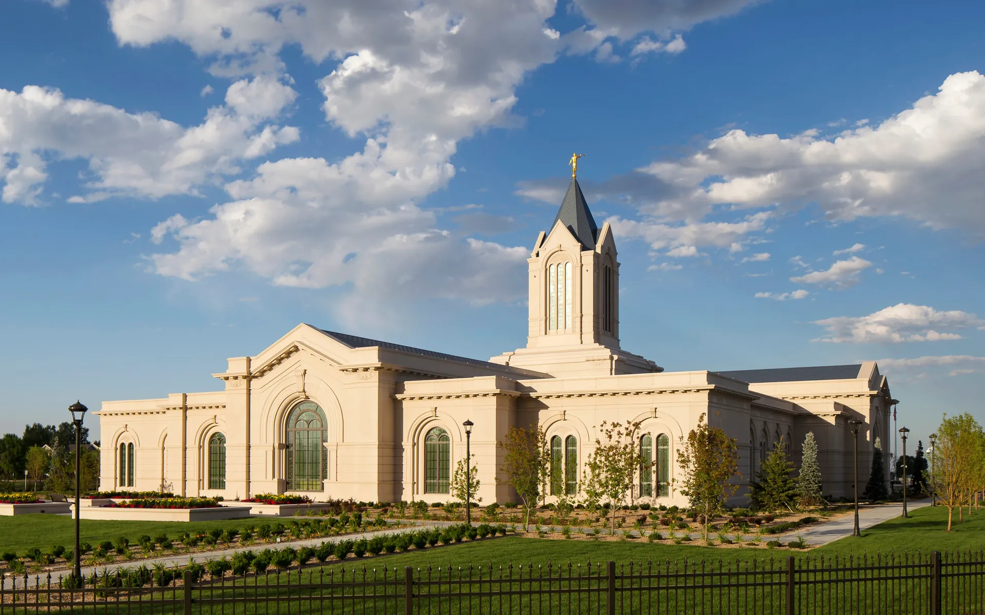 Exterior of Fort Collins Colorado Temple during sun set