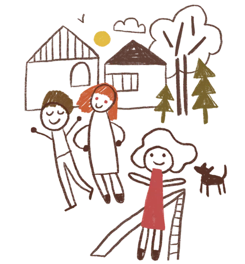 A child’s drawing of a neighborhood