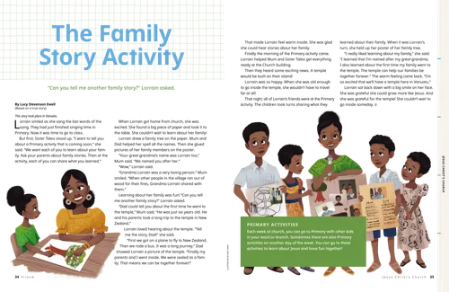 Story PDF with images of a family looking at a family tree, and holding posters about their ancestors