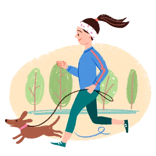 young woman running with dog on a leash