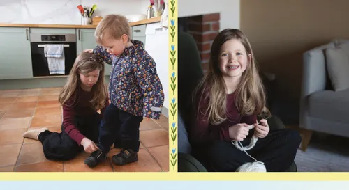 Photos of girl knitting and helping her younger brother put on his shoes