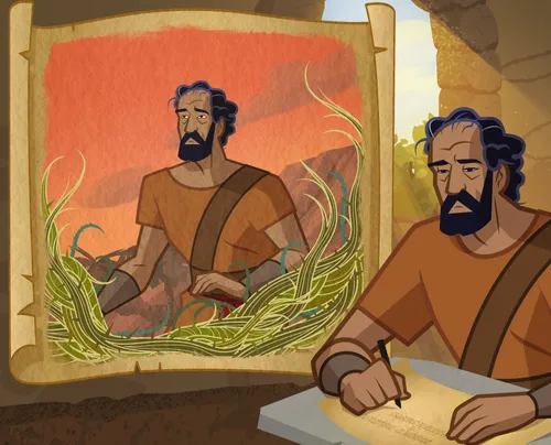 Paul writing a letter to Church members in Corinth.