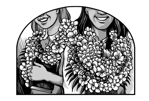 sister missionaries wearing flower leis