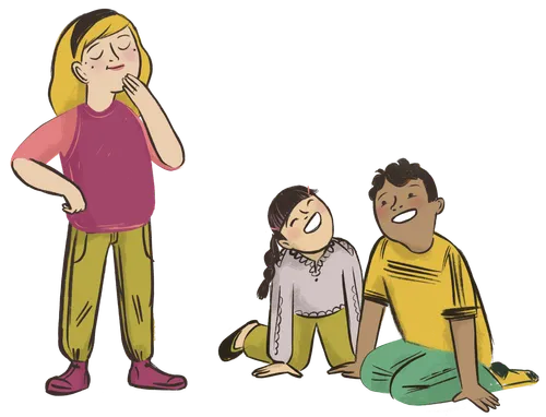 Girl standing with her eyes closed and two children kneeling on the ground