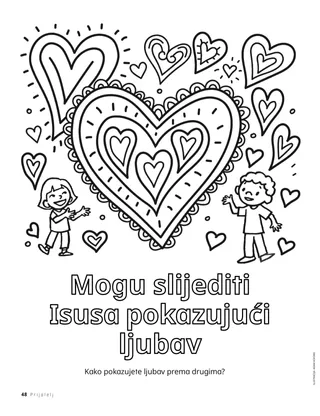 stranica za bojanje koja prikazuje djecu i velika srca