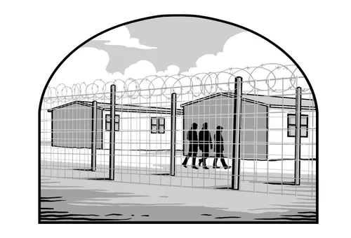 prisoners walking along fence topped with razor wire