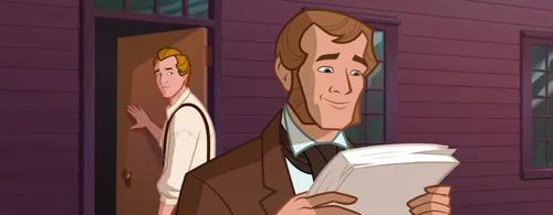Martin Harris holding the pages of the manuscript. Joseph Smith in the background, looking worried.