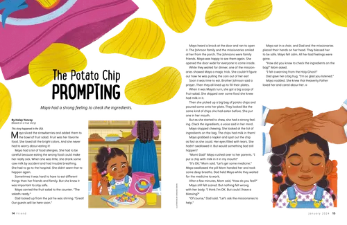 Story with illustrations of a girl eating potato chips and getting a priesthood blessing