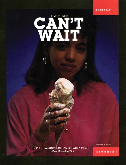 A conceptual photograph of a young woman holding a melting ice cream cone, paired with the words “Some Things can't Wait.”