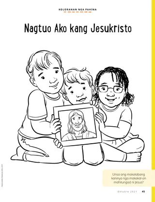 coloring page of children holding picture of Jesus