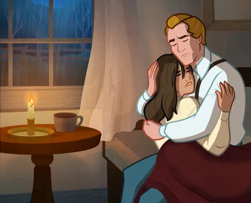 Joseph Smith embracing Emma.
