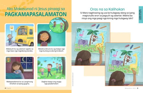 PDF nga pahina sa usa ka bata nga mikaway sa drayber sa bus, usa ka batang babaye nga naghunahuna sa iyang mga higala, usa ka batang babaye nga nag-ampo, ug mga bata nga anaa sa kinaiyahan; dugang pa usa ka kalihokan sa pagpangita sa mga nalahi
