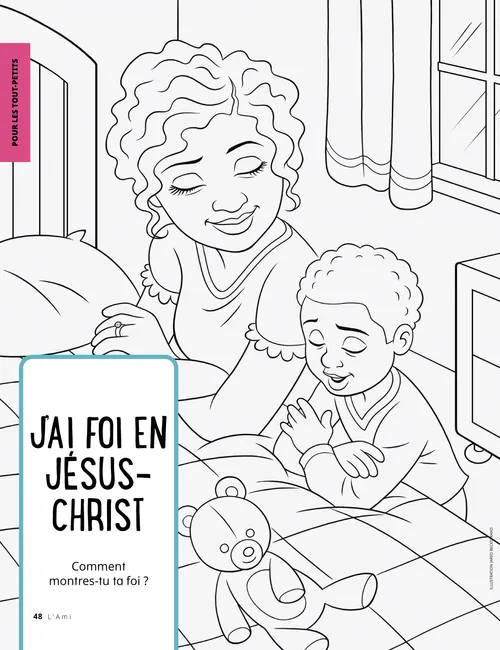 Coloriage au format PDF représentant une femme et un garçon agenouillés devant un lit pour prier