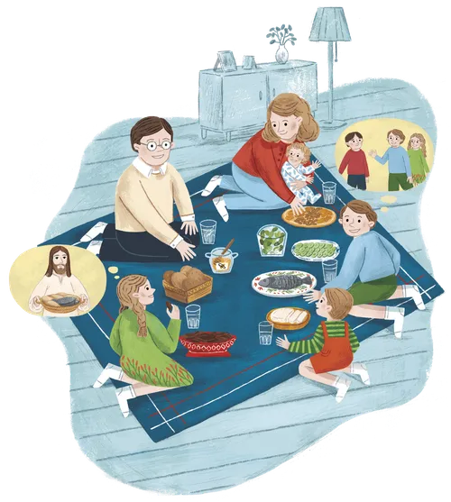 Family eating a meal on a blanket