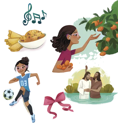 Isabella picking oranges