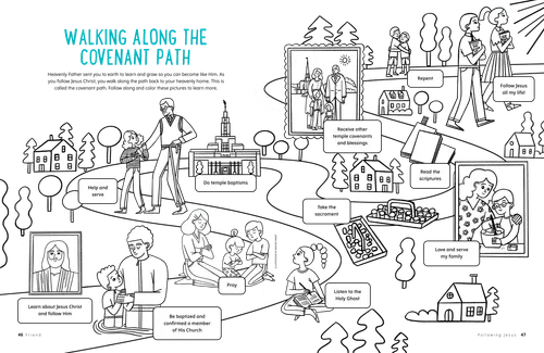 Coloring page with a path and images showings different covenants we make, like baptism, sacrament, and the temple  