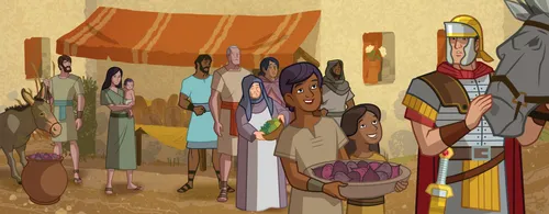 Childen offering fruit to the soldier.