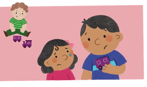 Boy playing with toy trains; a boy comforting his crying younger sister