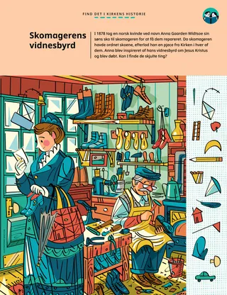 Aktivitet med skjulte billeder, der viser en kvinde i en skomagerbutik