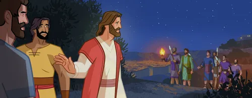 Judas and some guards arrive at Gethsemane.