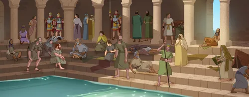 People gathered at the Pool of Bethesda.