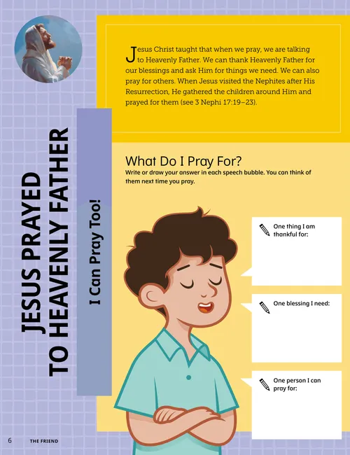 Page PDF with illustrations of a boy praying, plus an activity with a child cutout and a playground, room in a home, chapel, and schoolroom