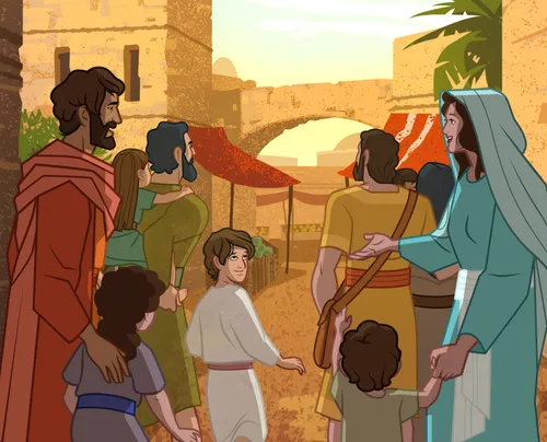 Jesus and His family going to Jerusalem for Passover.
