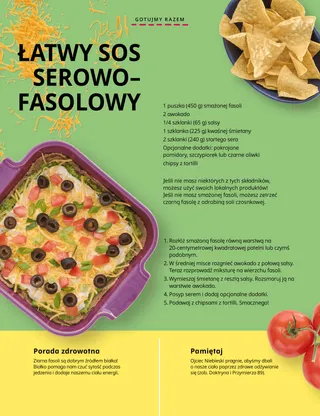 Strona PDF przedstawiająca miskę chipsów z tortilli, patelnię z sosem fasolowym i pomidory