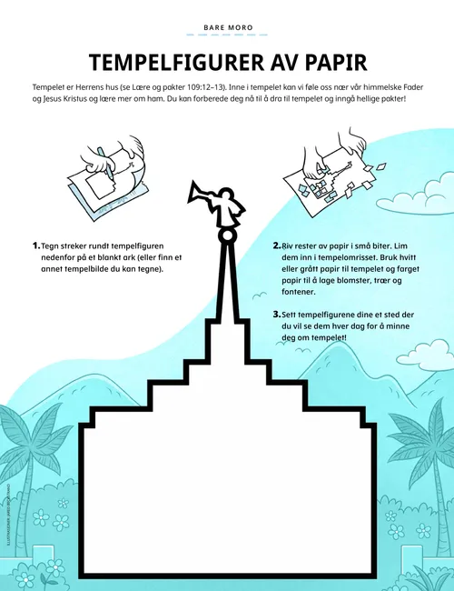 PDF-side med illustrasjon av et tempelomriss og instruksjoner om hvordan man lager et håndverk av revet papir