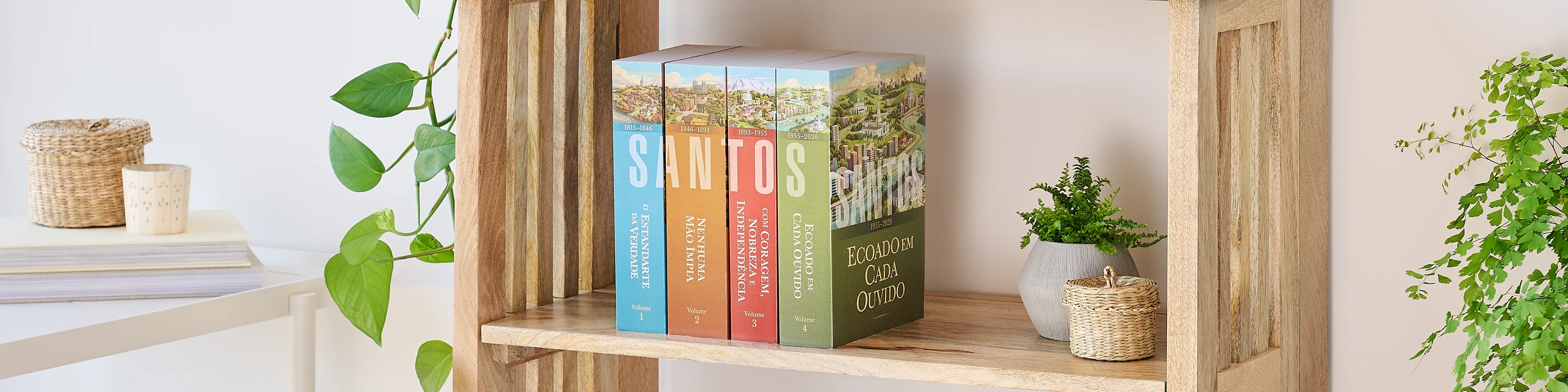 Picture of the book series, 'Saints' volume 1-4 (Portuguese edition). Four volumes are arranged on the middle shelf of a wooden bookshelf along with plants.