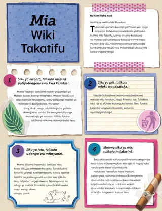 Simulizi kwenye mfumo wa PDF ikiwa na kurasa za shajara, michoro midogo, na picha ya Yesu Kristo