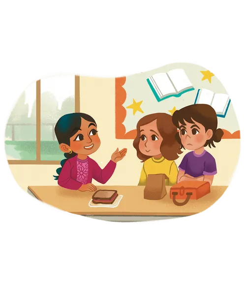 Girl sitting in the lunchroom talking to two girls