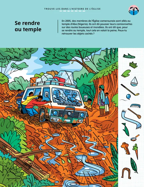 Page PDF d’une illustration de personnes poussant une camionnette dans une rue boueuse, avec des objets cachés sur l’image