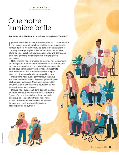 Page PDF représentant deux filles jouant d’instruments à cordes pour des personnes dans une maison de retraite