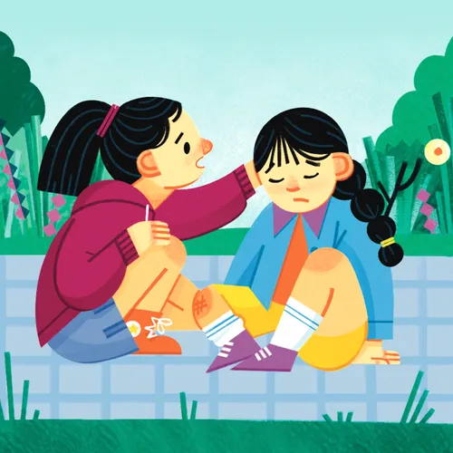 Хөлөө гэмтээсэн охиныг тайтгаруулж байгаа охин