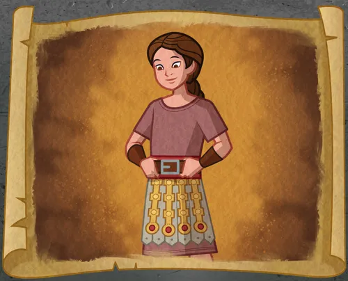 A girl putting on a belt of armor.