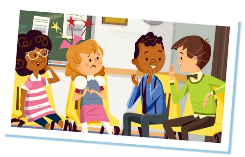 Two boys talking, girl looking sad