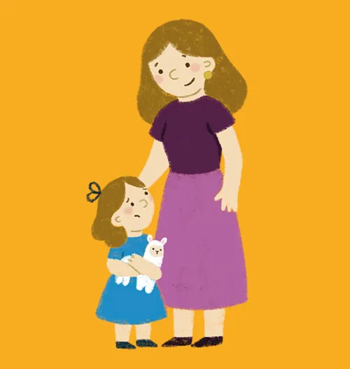 Sad young girl and her mom standing together