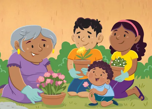 Grandma, Paolo, Lucas, and Margo looking at flowers growing in a pot