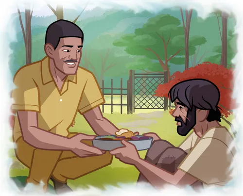 A man giving food to another man.