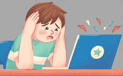 Illustration of a distressed boy looking at a laptop