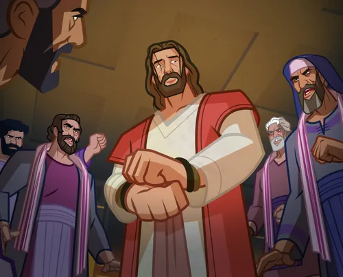 The high priest and other leaders are angry with Jesus.